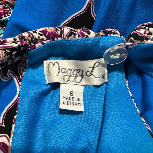Maggy L Blue Paisley Halter Dress Size 6 Sleeveless Keyhole Back Boho Cocktail - Picture 7 of 8